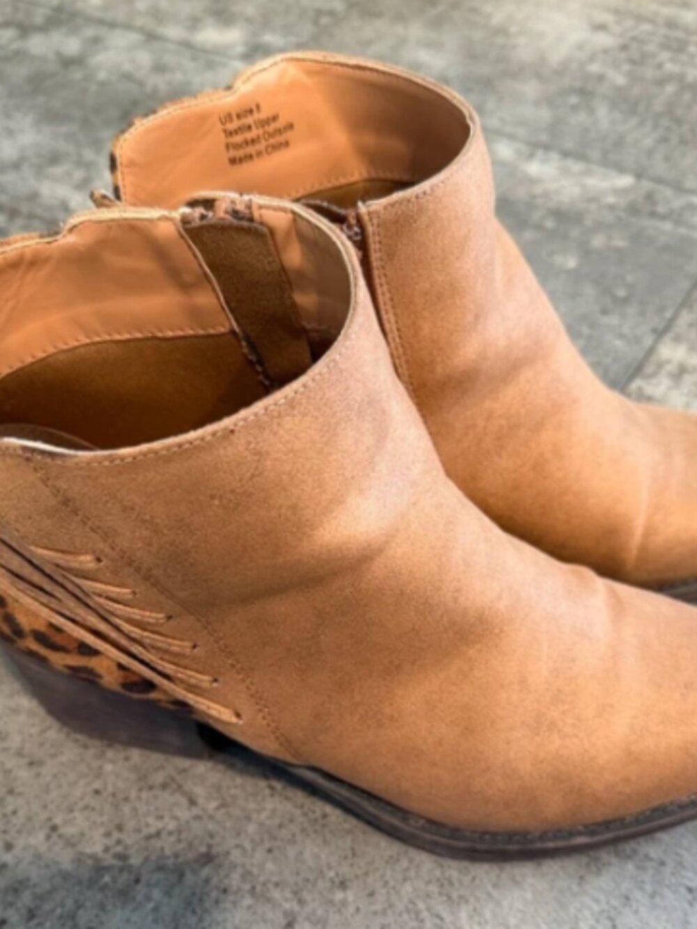 Tan Suede Booties with Leopard Accent - Picture 3 of 4